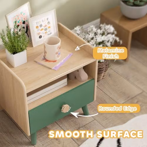 AIYAPLAY Kids Bedside Table with Drawer and Open Storage Shelf, Green, W/D/H: 40.0 x 40.0 x 32.5 cm – 6