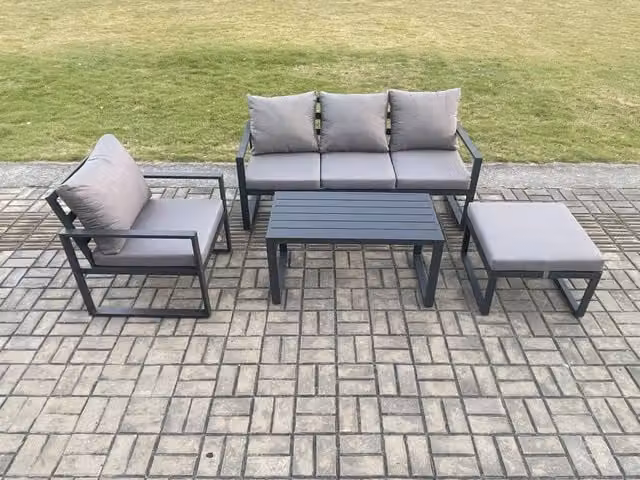 Fimous Modern Powder Coated Aluminium Outdoor Garden Furniture Set in Dark Grey, including 3-Seater Sofa, Armchair, Coffee Table and Ottoman