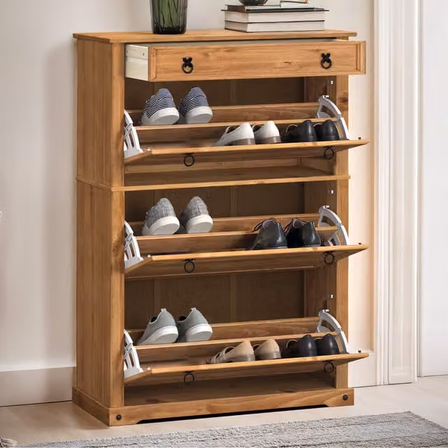 Mercers Furniture Corona Wooden Shoe Rack Chest in Brown and Grey with 1 Drawer and 3 Shelves, H: 138 cm, W: 99 cm, D: 32 cm
