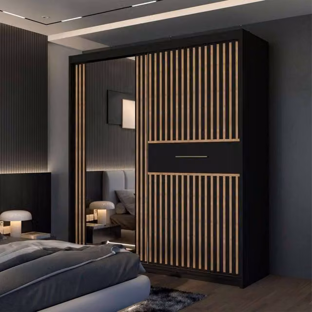 Sliding Wardrobes 4U Modern Sliding Wardrobe with LED Light, Black and White, W: 150 cm, D: 62 cm, H: 217 cm – 1