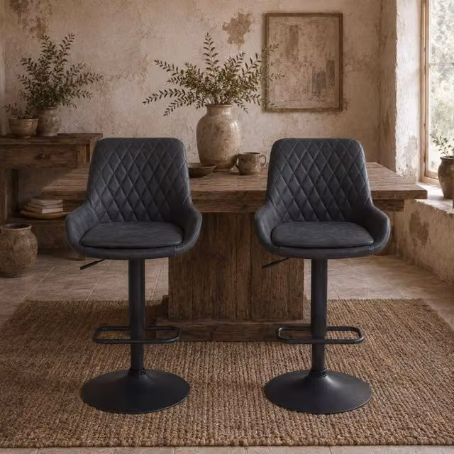 Wyld Haus Set of 2 Black Faux Leather Retro Bar Stools with 360 Degree Swivel – 1