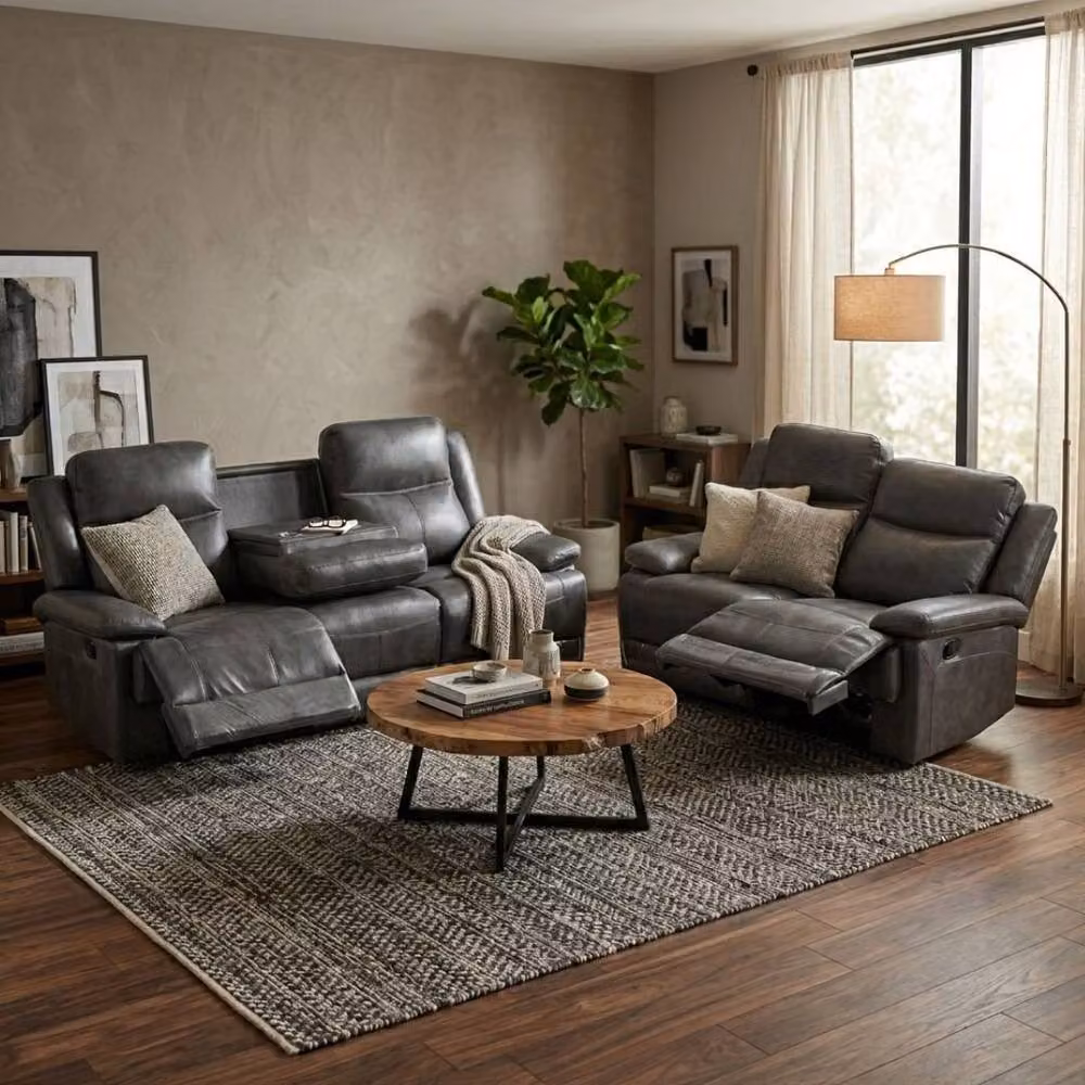 HOME LUXE INTERIOR Casper Grey Leather and Fabric 3 and 2 Seater Manual Recliner Sofa Set – 3