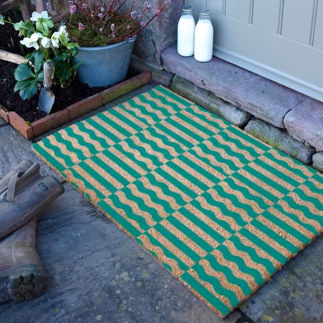 Artsy Mats Elizabeth Olwen Green Wave Coir Doormat, Green, W: 90 cm, D: 60 cm – 1