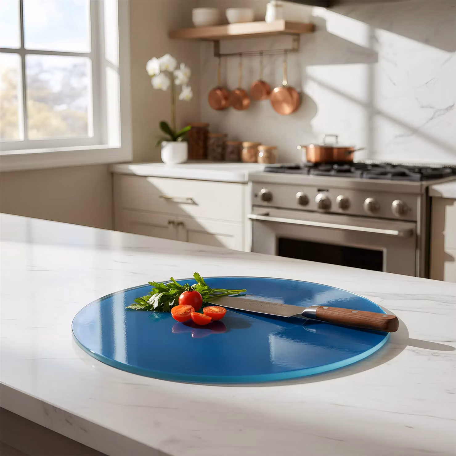 Harbour Housewares Round Glass Chopping Board in Blue, Diameter: 30 cm – 5