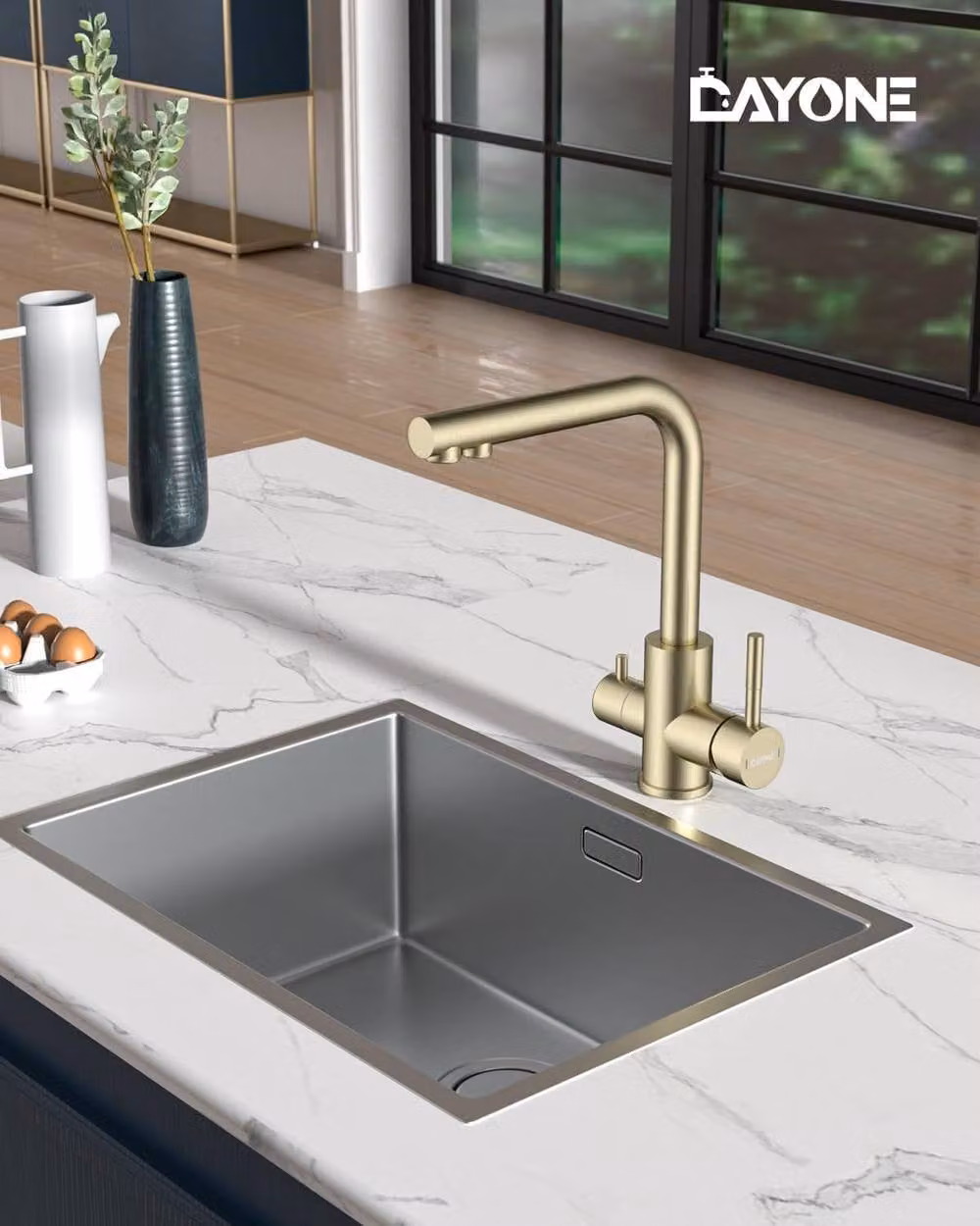 Dayone Brushed Gold 3 Way Kitchen Tap with Filtered Water and 360 Swivel Spout, SUS304 Stainless Steel – 3