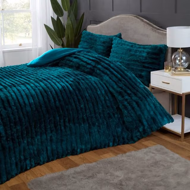 Rapport Home Chunky Ribbed Plush Duvet Cover and Pillowcase Set, Green, W: 140 cm, L: 200 cm