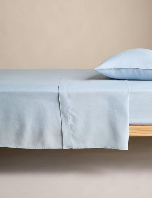 M&S Pure Linen Flat Sheet in Blue Chambray, W: 200 cm x L: 200 cm