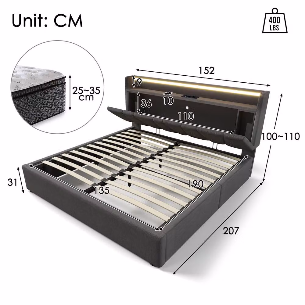 BTM Grey Fabric Double Bed with USB Charging, LED Headboard and Side Storage Compartments W/D/H: 140 x 200 x 135 cm – 2