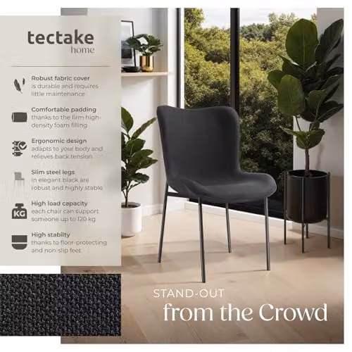 tectake Tessa Scandinavian Style Dining Chair in Black Woven Fabric with Metal Legs – 4