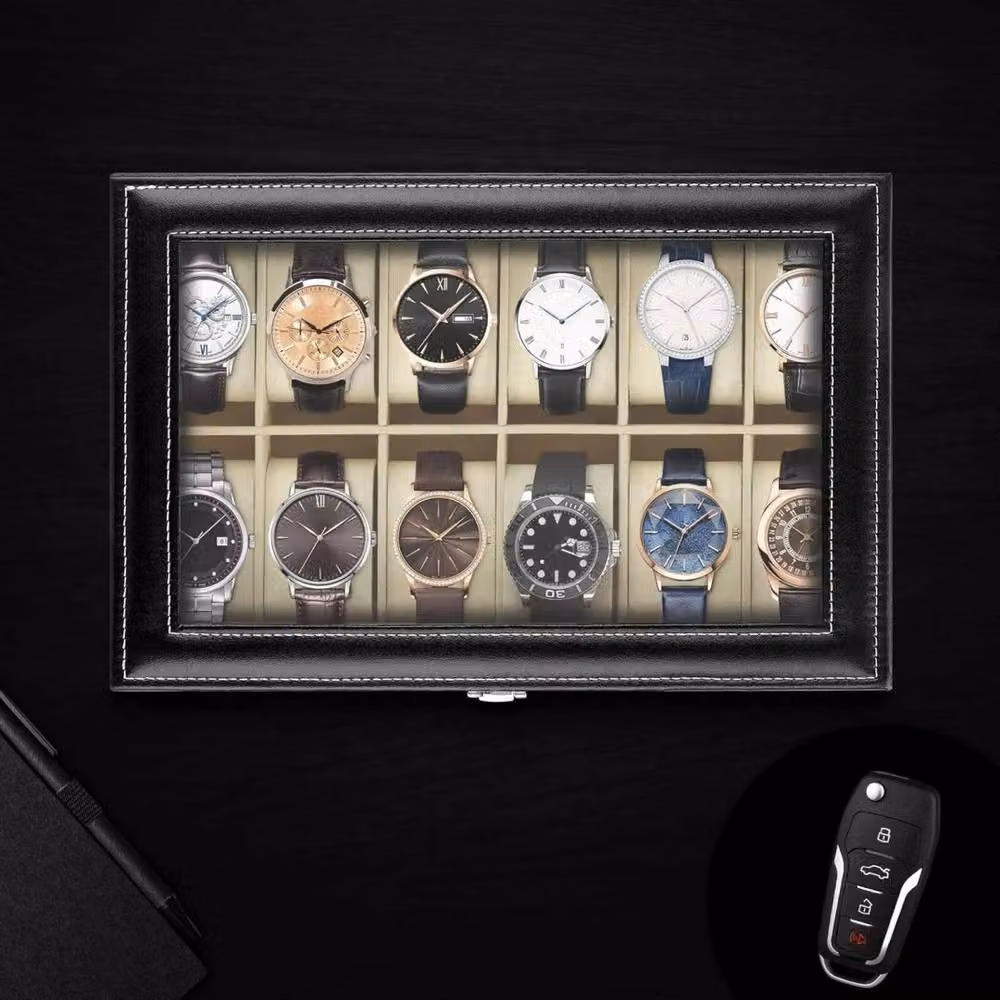 Kelvenix Black PU Leather Watch Display Case with 12 Slots and Glass Lid and Velvet Lining – 5