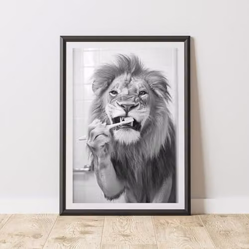 60 Second Makeover Lion Brushing Teeth Animal Print Paper Poster, A3