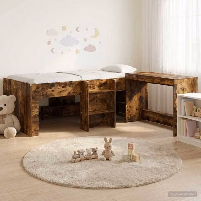 Berkfield Home Kids High Bed Frame with Desk in Smoked Oak Brown Engineered Wood