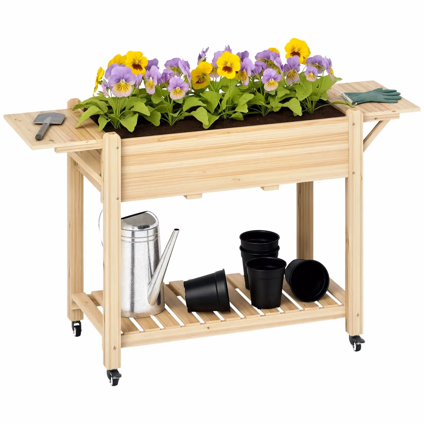 OUTSUNNY Natural Wooden Raised Planter with Liner and Lockable Wheels, W/D/H: 52.0 x 46.0 x 86.0 cm – 2