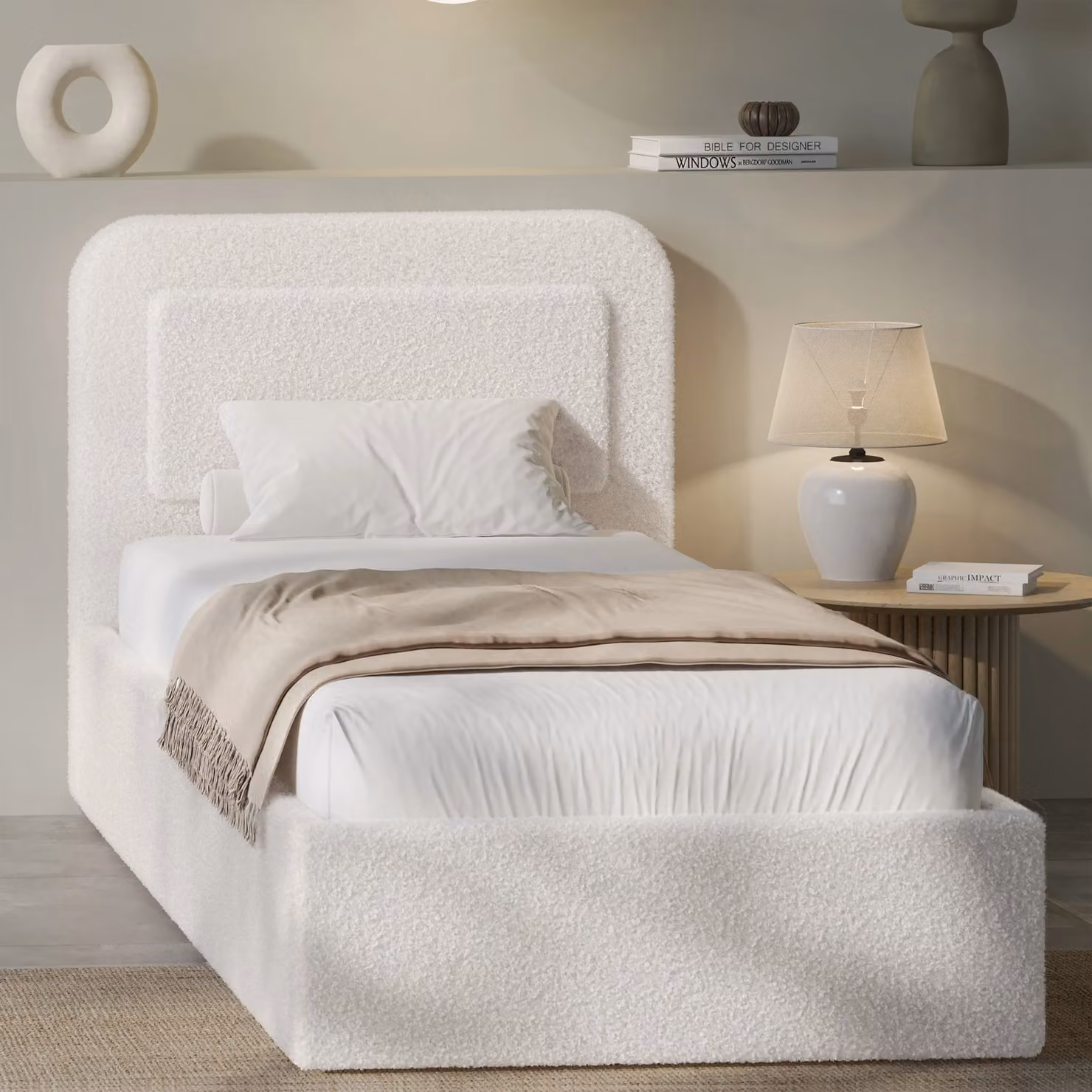 DHS White Bouclé Upholstered Ottoman Storage Bed with Lift Up Base, W/D/H: 90 x 190 cm