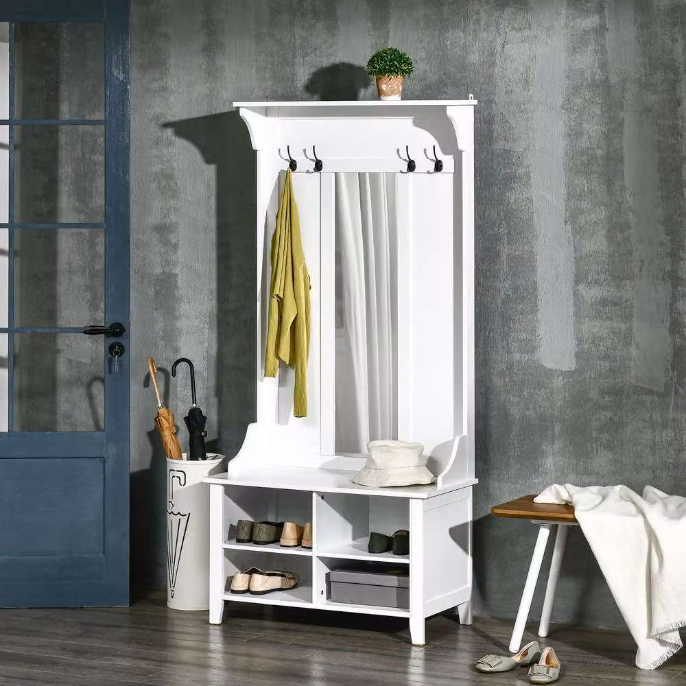STILVORA Modern Hallway Storage Unit with Mirror, Bench and Shoe Rack in White Matt – 2