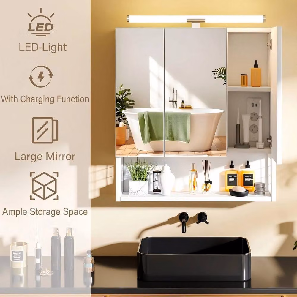 FORGEVIO White Wall-Mounted Bathroom Mirror Cabinet with LED Lighting and Shaver Socket – 3