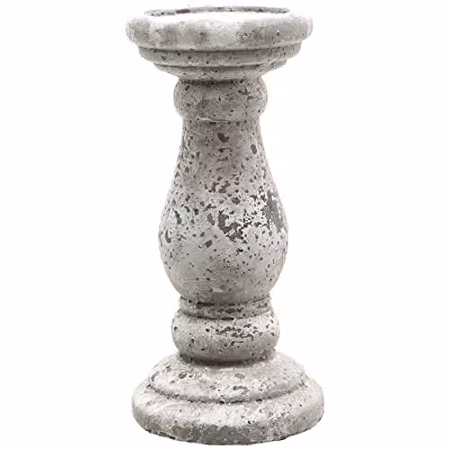 Love Lace Ceramic Stone Effect Pillar Candle Holder in Grey and Beige, H 23 cm x W 11 cm x D 11 cm