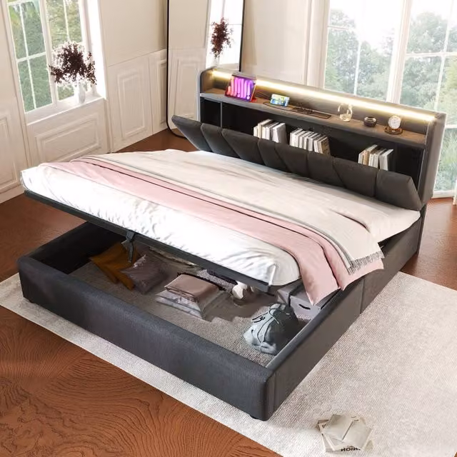 Merax Grey Upholstered Hydraulic Storage Bed with USB Charging Port and Bedside Shelf, W/D/H: 180 x 200 cm