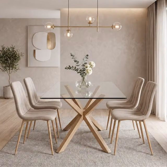 Kosy Koala 4 Seater Rectangular Glass Dining Table Set with 4 Beige Velvet Chairs