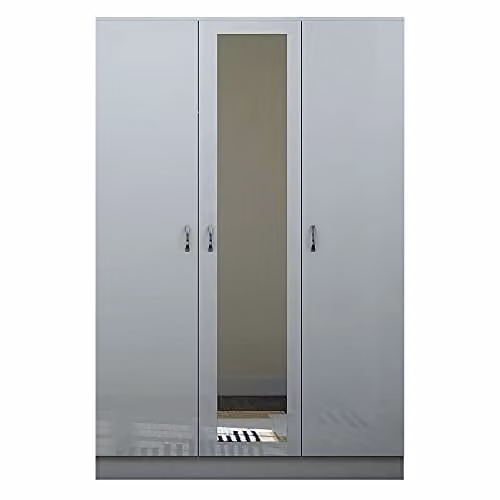 FWStyle Modern High Gloss Grey 3 Door Mirrored Wardrobe with Soft Close Hinges, H 181 x W 114 x D 55 cm