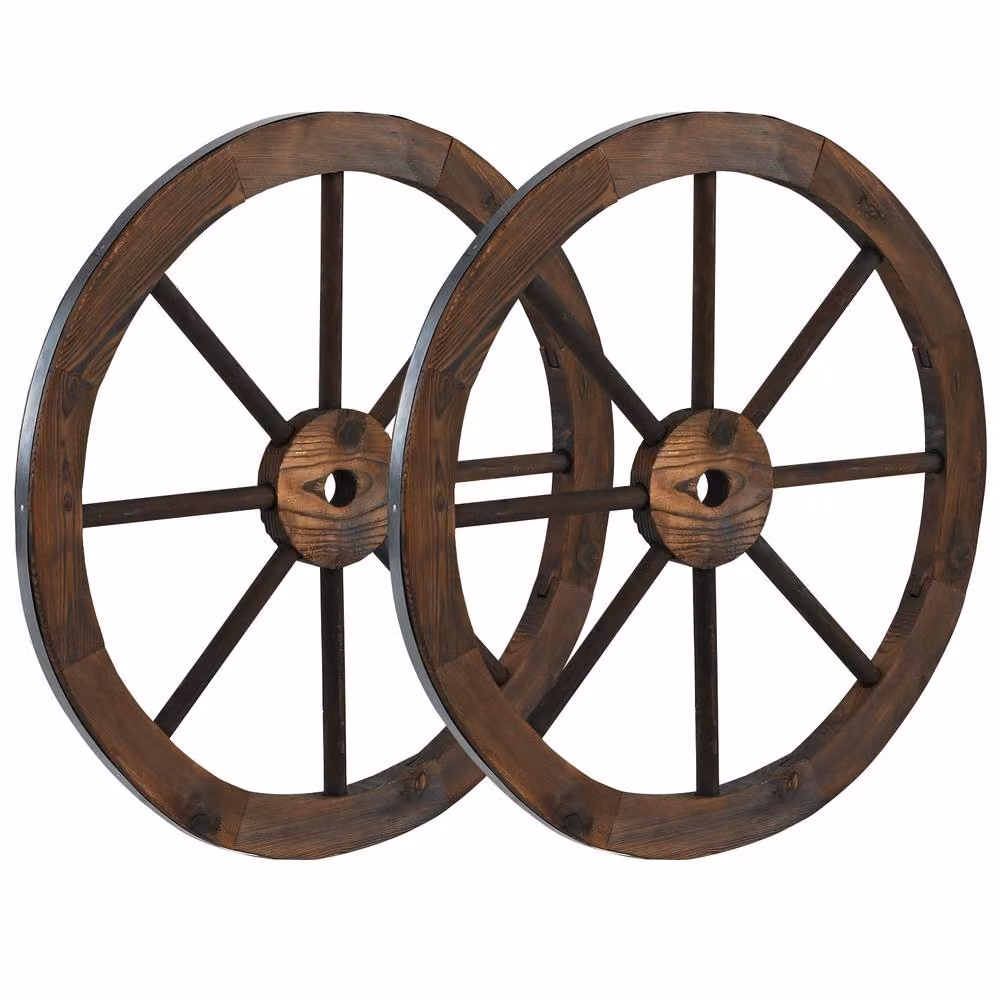 Costway Set of 2 Rustic Wood Wagon Wheels Vintage Wall Hanging Decoration, Brown, Diameter: 60.96 cm – 3