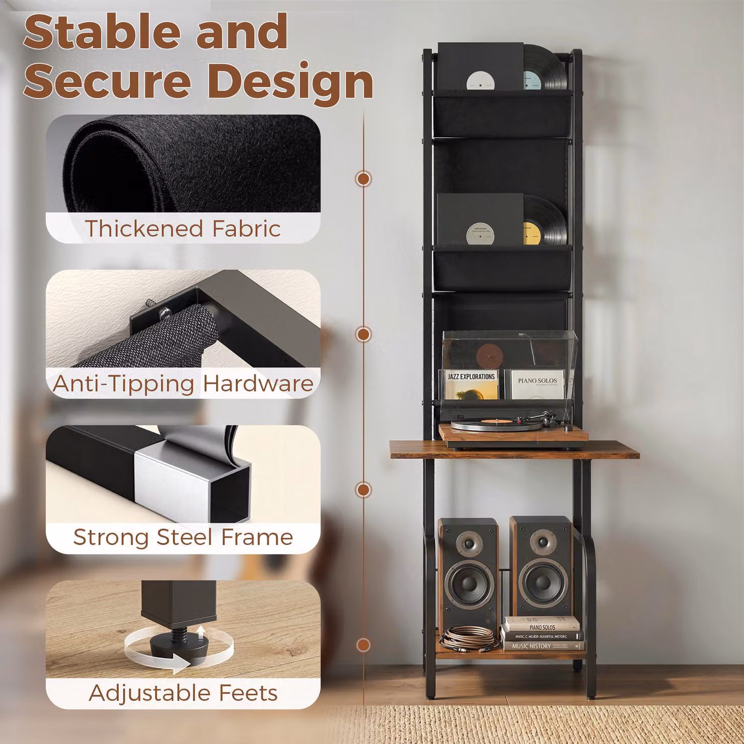 HOMCOM Vinyl Record Player Stand with Oxford Fabric Storage Pockets and Bottom Shelf, Rustic Brown and Black – 7