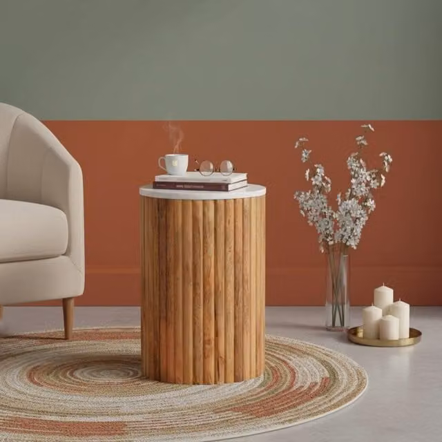 Artisan Furniture Modern Round Mango Wood and Marble Side Table in Brown