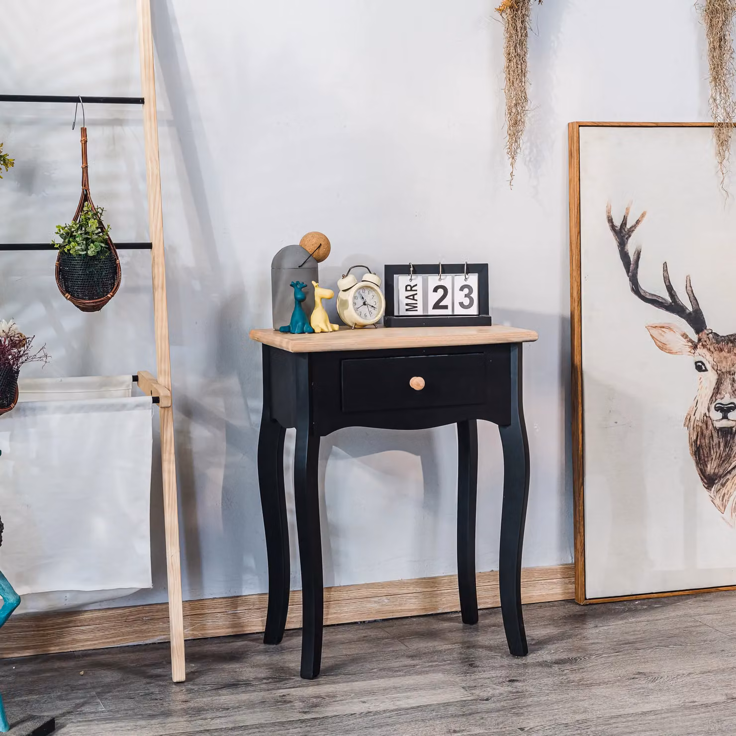 Nordlys Scandinavian Style Black Lacquered Beech Wood Bedside Table – 2