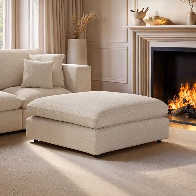 Solace+Co Asher Rectangular Footstool in Beige Bouclé Fabric