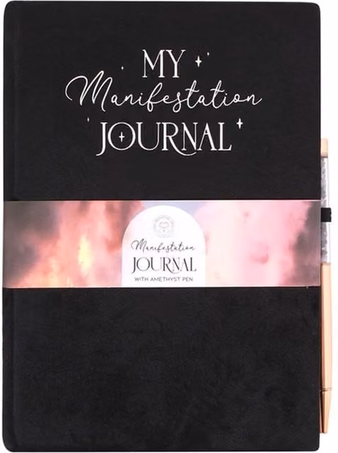 KDMK Black Manifestation Journal with Amethyst Pen, A5 Hardcover Lined Fabric Notebook