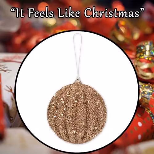 VFM e-Store Christmas Glitter Hanging Bauble Decoration in Beige and Gold, W/H: 12 x 11 cm – 6