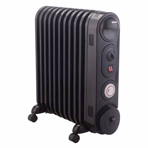 Mylek 2500W Oil Filled Radiator Heater in Black, Freestanding Metal Electric Heater with Thermostat and 24hr Timer, H: 69 cm, W: 59 cm, D: 59 cm – 1