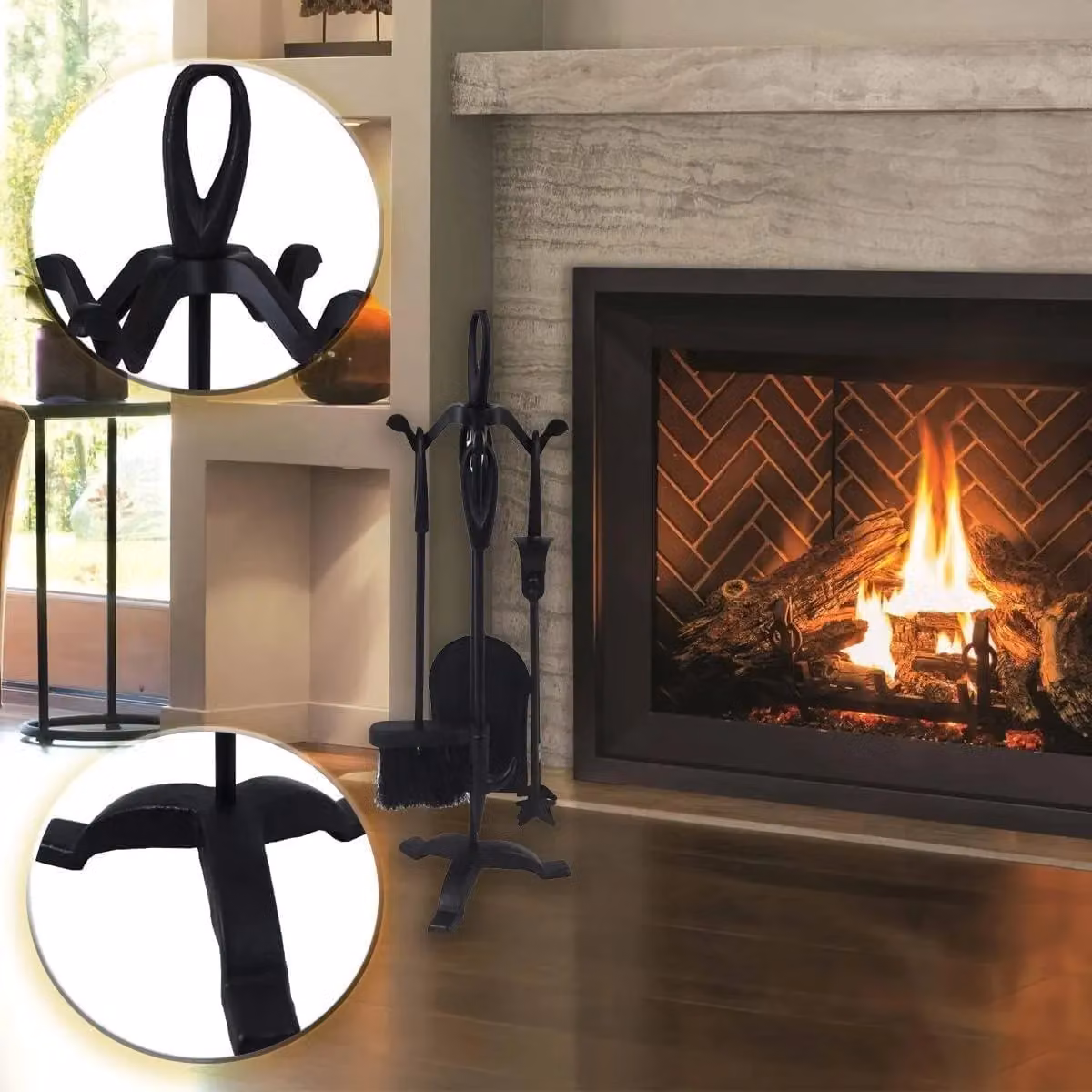 MANTRARAJ Fireside 5-Piece Fire Companion Set for Log Burners with Stand in Cotswold Black Iron – 5