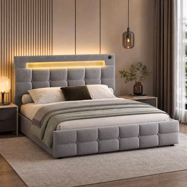 STILVORA Double Ottoman Bed with Under-Bed LED Lighting and USB Charging Ports in Grey Velvet – 1