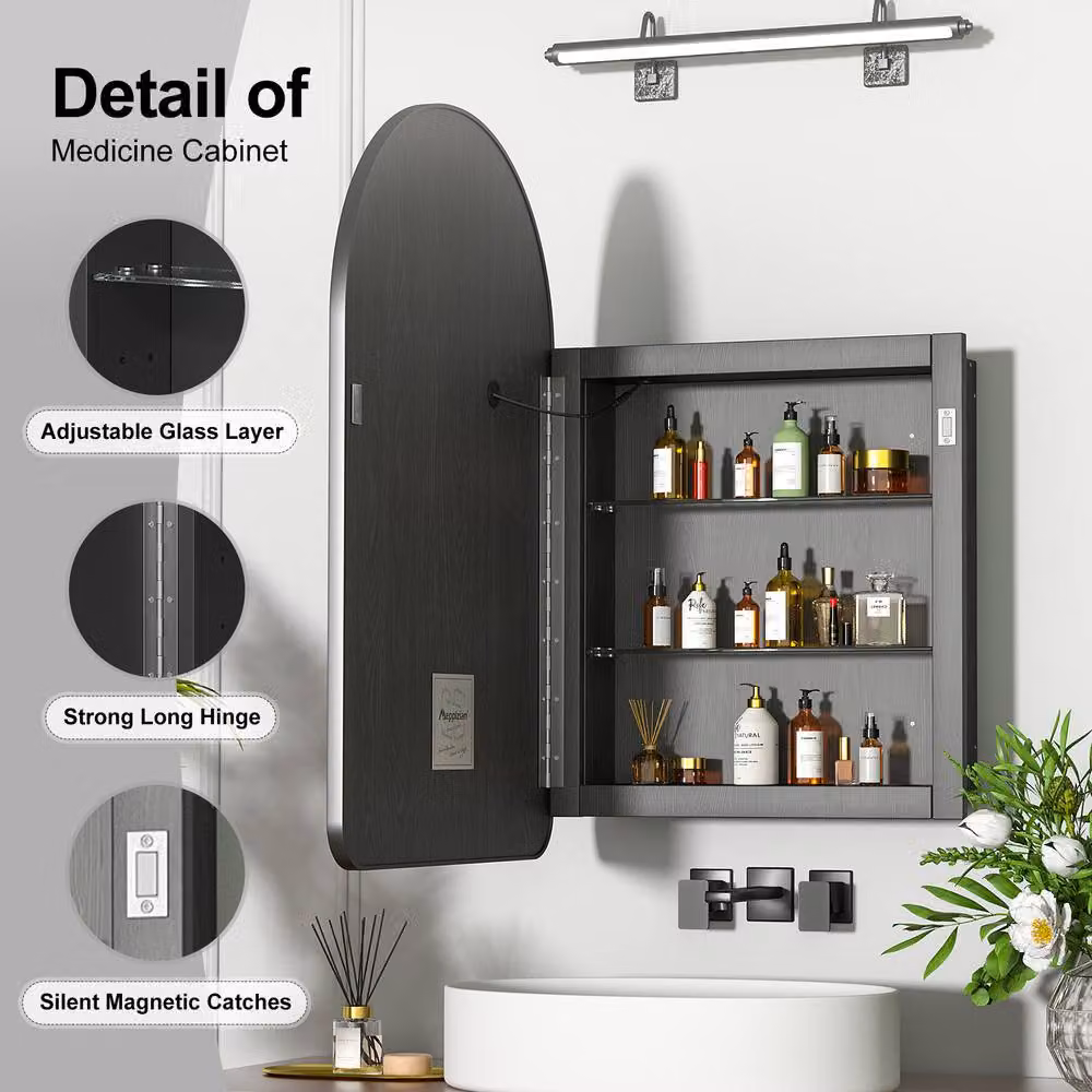 KEEPREAPER Modern Black Wall Mounted Bathroom Mirror Cabinet with LED Lighting and Internal Shelves, W: 51 cm, H: 80 cm – 4