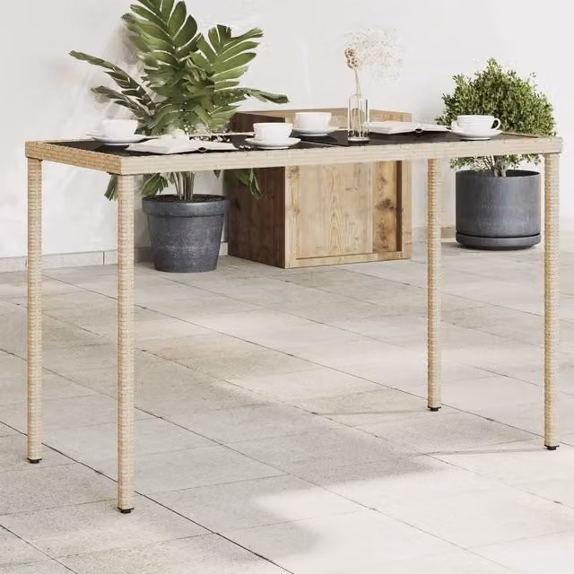 Berkfield Home Modern Poly Rattan Garden Table with Glass Top, Beige, W/D/H: 115 x 54 x 74 cm – 1