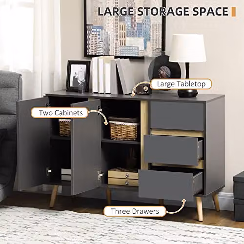 HOMCOM Modern Kitchen Sideboard with Double Doors and 3 Drawers, Dark Grey, W/D/H: 120 x 40 x 80 cm – 3