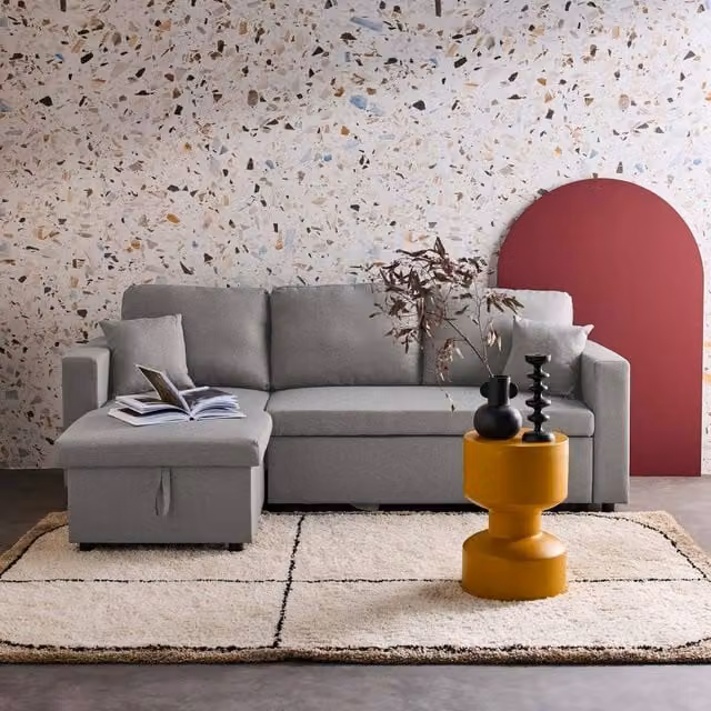 sweeek 3-Seater Reversible Corner Sofa Bed in Grey with Sleeping Function and Scatter Cushions, W/D/H: 213.5 x 136.5 x 83.0 cm