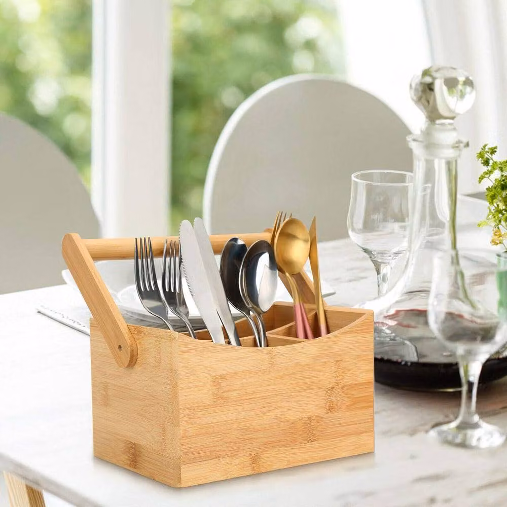 MantraRaj Brown Bamboo 4 Compartment Kitchen Cutlery Organiser Caddy with Handles – 3