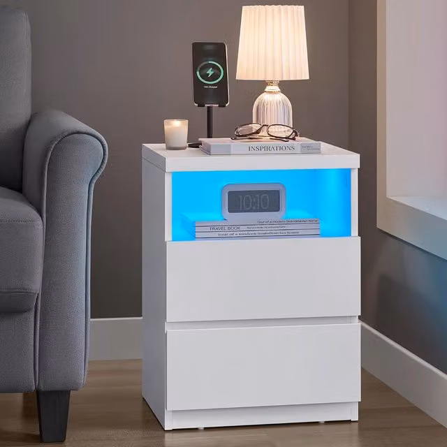VASAGLE White Modern Nightstand with Integrated Adjustable LED Light