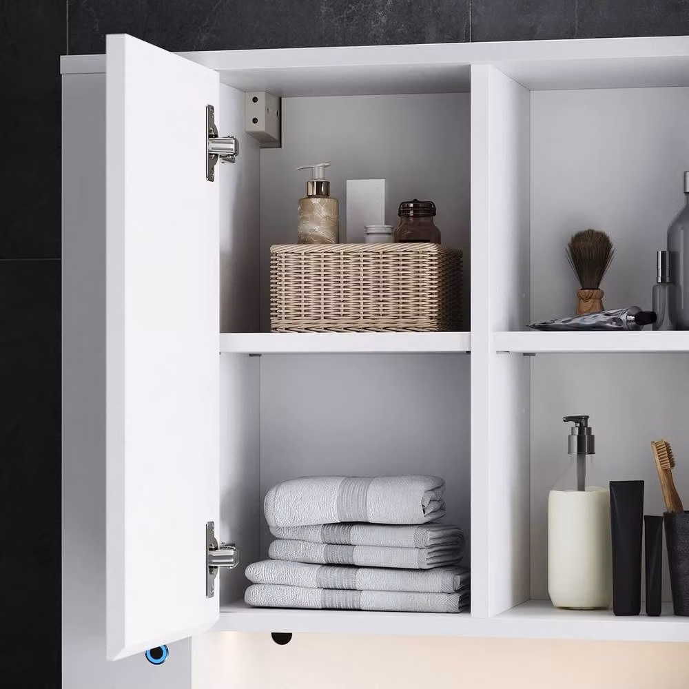 FORGEVIO White Glossy Wall-Mounted Bathroom Cabinet with LED Lighting and Internal Shelves W/D/H: 60 x 23 x 70 cm – 2