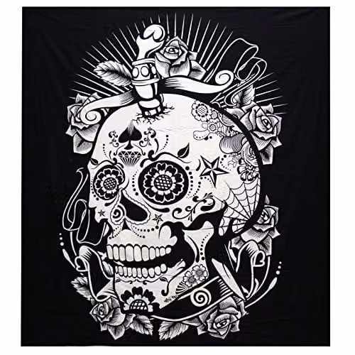 KDMD Rose Skull Double Cotton Bedspread and Wall Hanging Set in White and Black – 1