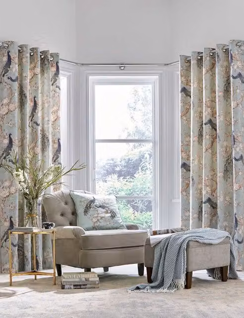 Laura Ashley Belvedere Duck Egg Floral Pure Cotton Thermal Eyelet Curtains H: 183 cm, W: 168 cm