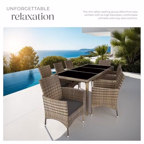 tectake Modern Polyrattan Garden Furniture Set in Nature with 1 Rectangular Glass Dining Table and 8 Chairs with Removable Weather-Resistant Cushions – 4