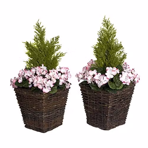 GreenBrokers Set of 2 Mixed Floral Artificial Rattan Tabletop Planters with Pink Geraniums and Cedar Topiary
