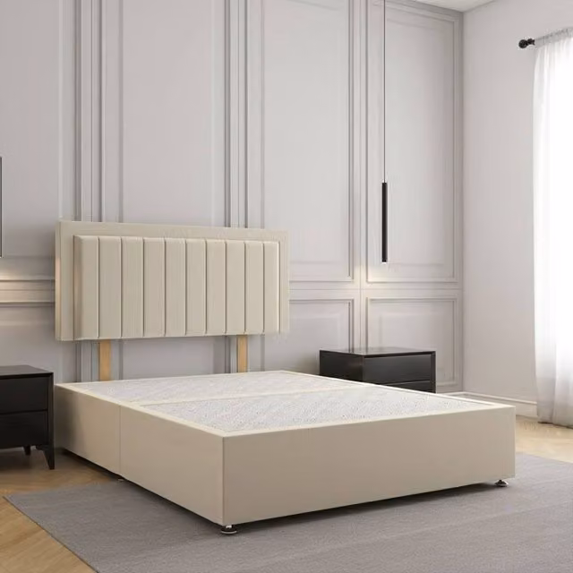 Regional Furnishings Plush Velvet Divan Bed with 24 inch Headboard in Beige, King Size (W: 180 cm, D: 200 cm)