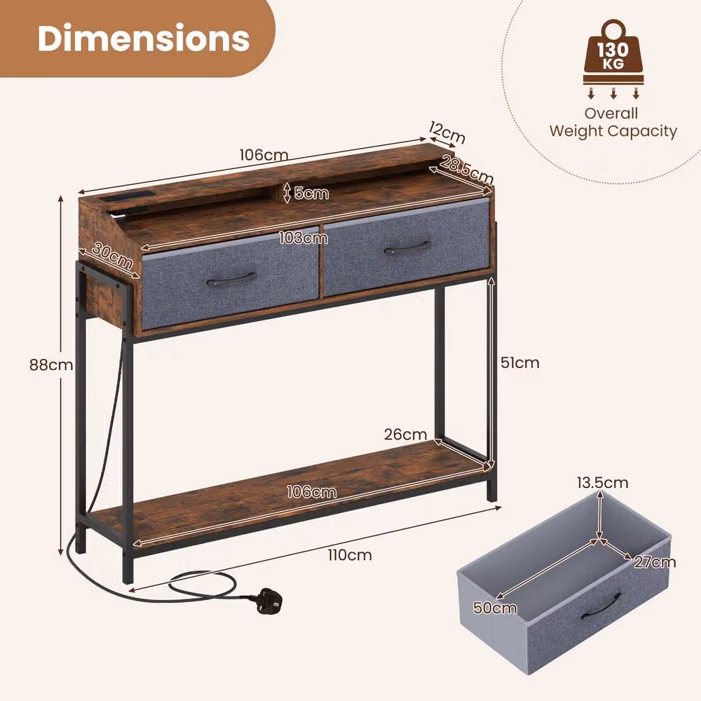Costway Industrial Brown Console Table with Charging Station for Living Room or Hallway – 2