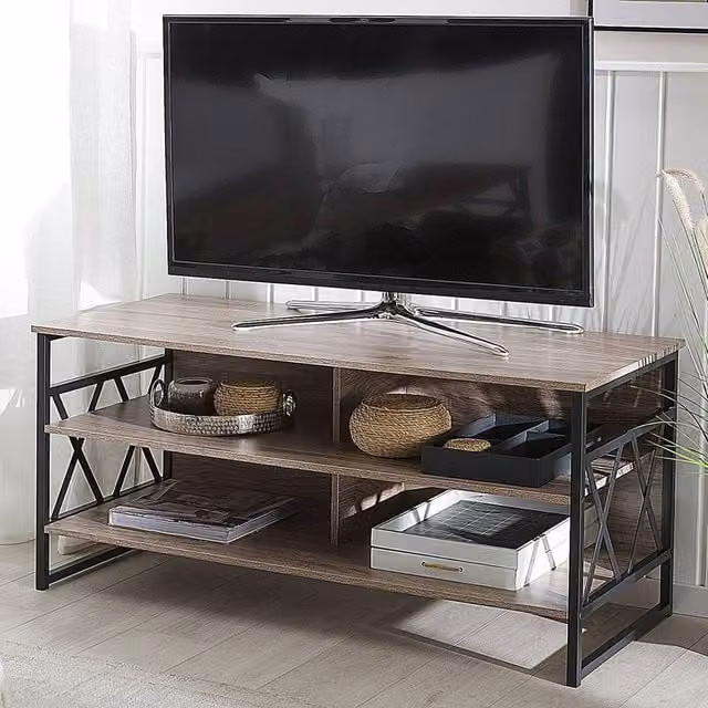 Wyld and Coco Industrial TV Stand Cabinet with 4 Open Shelves in Black and Dark Brown