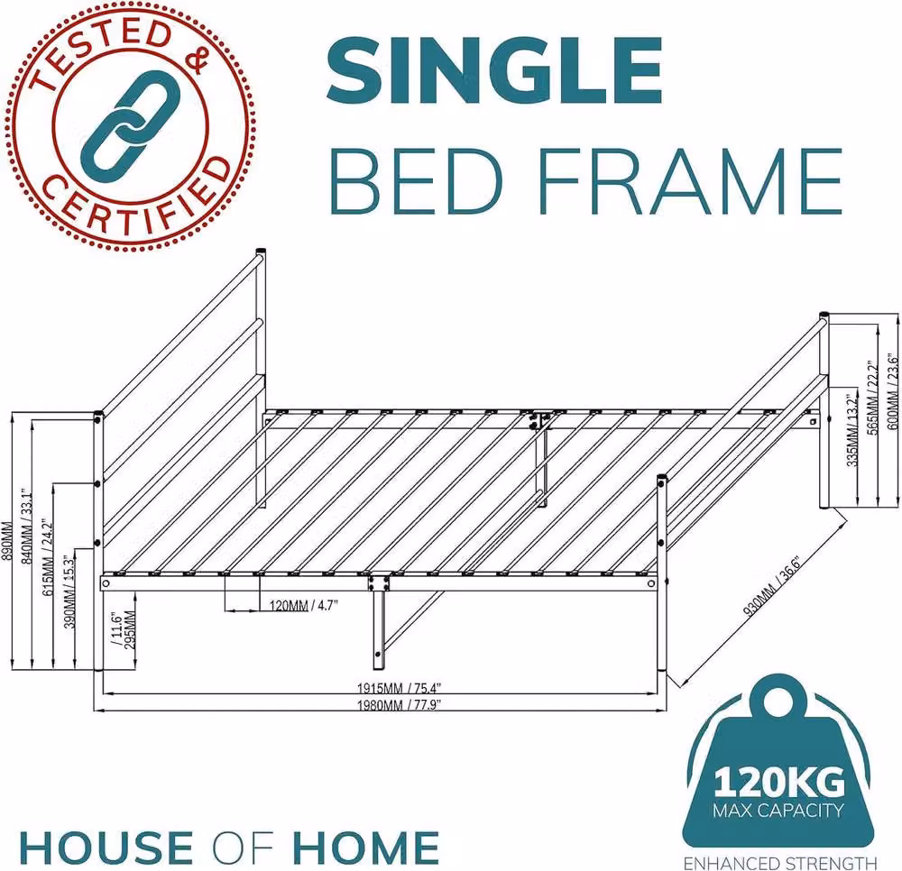 House of Home Metal Single Bed Frame with Rounded Headboard in White, W/D/H: 90 x 190 x 182.88 cm – 2