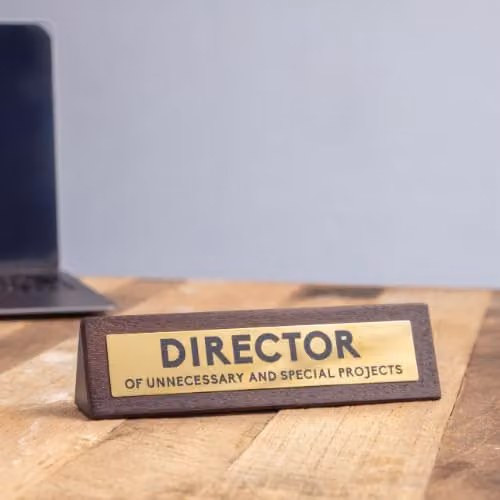 Boxer Gifts Director of Unnecessary Projects Novelty Wooden Desk Warning Sign in Gold and Brown, W/H: 17.5 x 4.5 cm – 2